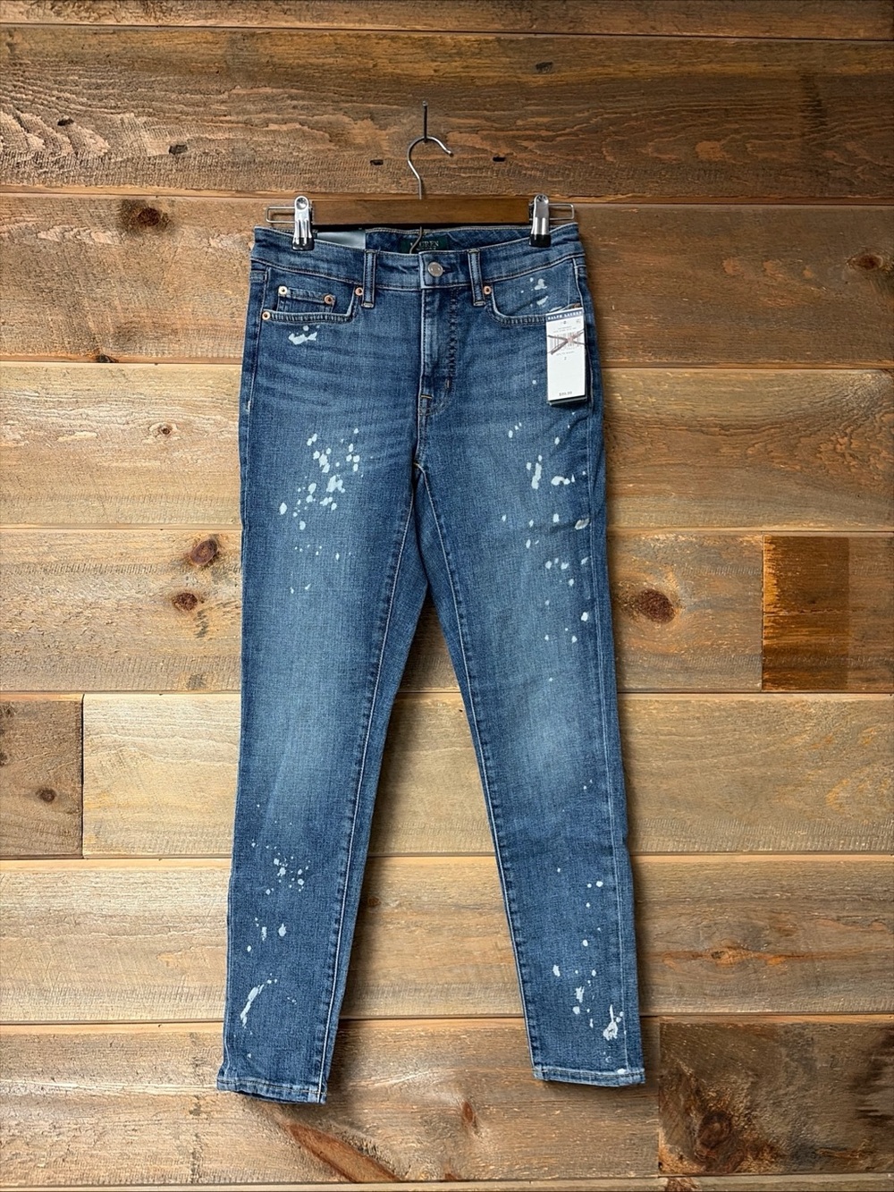 Lauren Ralph Lauren Premier Skinny Ankle Jeans Paint Splatter Indigo Blue 2 NWT